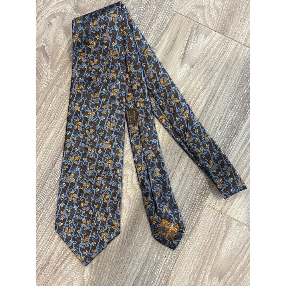 Robert Talbott Seven Fold Silk Tie Brown Blue Vine Leaf Hand Sewn England
